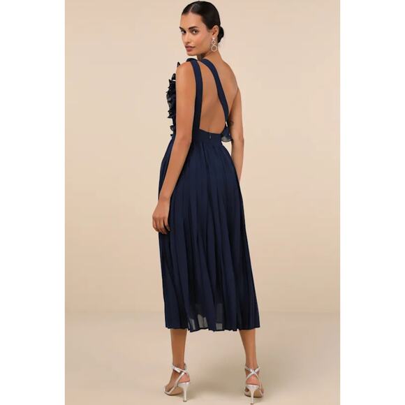 NEW Lulus Splendid Charisma Navy Ruffled Pleated One Shoulder Midi Dress - Picture 2 of 16